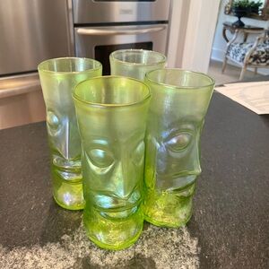 Set of Green Hand-blown and signed Tiki Glasses